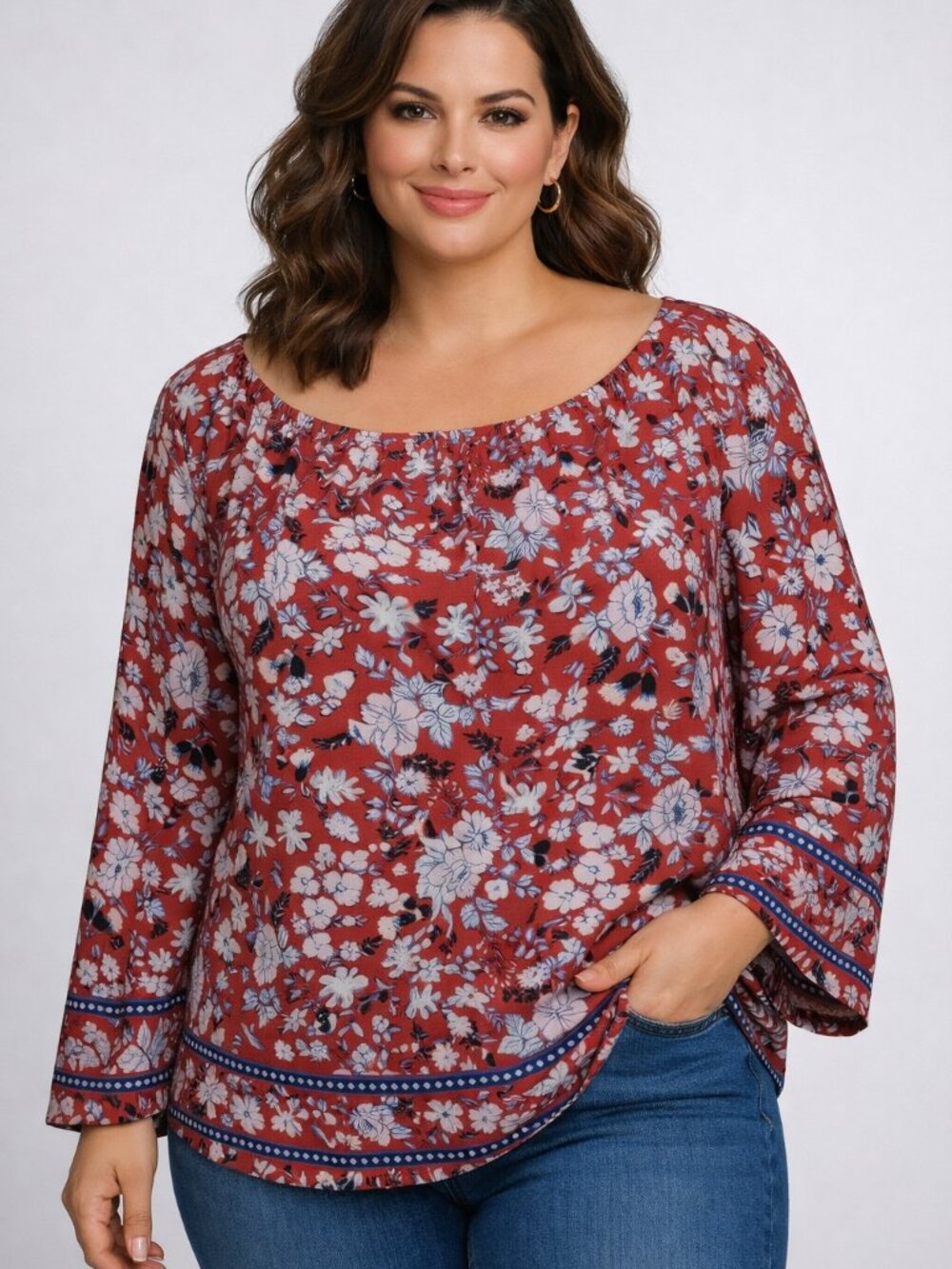 Red And Navy Floral Light And Flowy Blouse